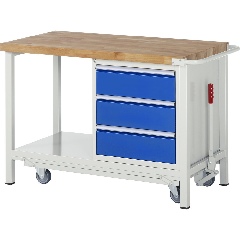 Produktabbildung: RAU Werkbank Serie 8000 mit absenkbarem Fahrgestell, 1 Container, 1 Ablageboden, HxBxT 880 x 1.250 x 700 mm, 3 x 90%-Auszug-Schubladen, Breite 490 mm, ErgoScript