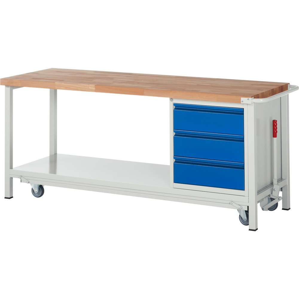 Produktabbildung Nr. 1: RAU Werkbank Serie 8000 mit absenkbarem Fahrgestell, 1 Container, 1 Ablageboden, HxBxT 880 x 2.000 x 700 mm, 3 x 90%-Auszug-Schubladen, Breite 490 mm, Griffleiste