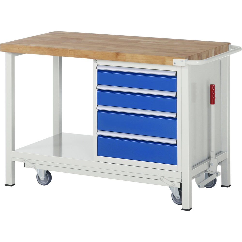 Produktabbildung Nr. 1: RAU Werkbank Serie 8000 mit absenkbarem Fahrgestell, 1 Container, 1 Ablageboden, HxBxT 880 x 1.250 x 700 mm, 4 x 100%-Auszug-Schubladen, Breite 490 mm