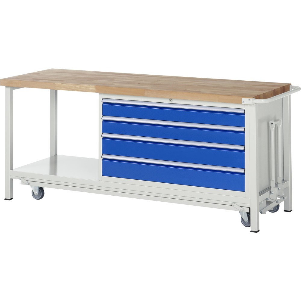 Produktabbildung Nr. 1: RAU Werkbank Serie 8000 mit absenkbarem Fahrgestell, 1 Container, 1 Ablageboden, HxBxT 880 x 2.000 x 700 mm, 4 x 100%-Auszug-Schubladen, Breite 1.055 mm