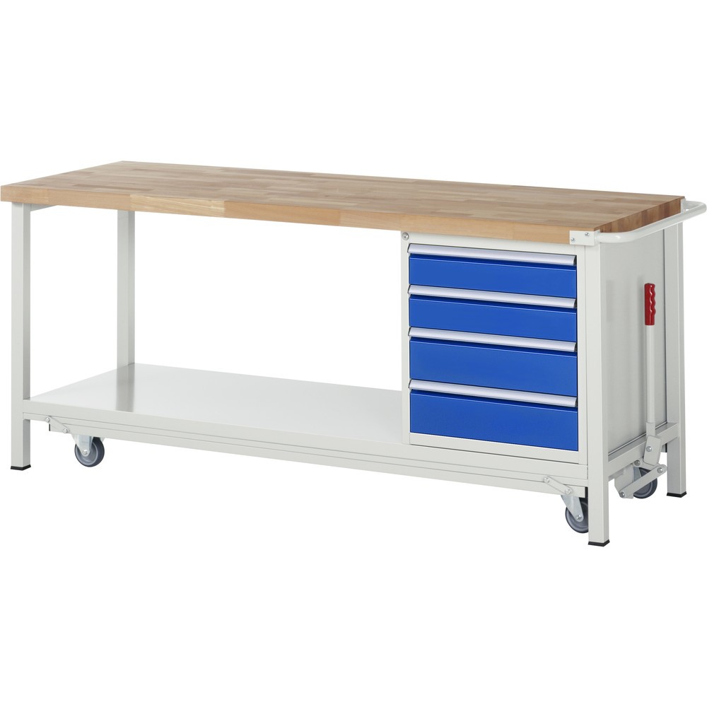 Produktabbildung Nr. 1: RAU Werkbank Serie 8000 mit absenkbarem Fahrgestell, 1 Container, 1 Ablageboden, HxBxT 880 x 2.000 x 700 mm, 4 x 90%-Auszug-Schubladen, Breite 490 mm