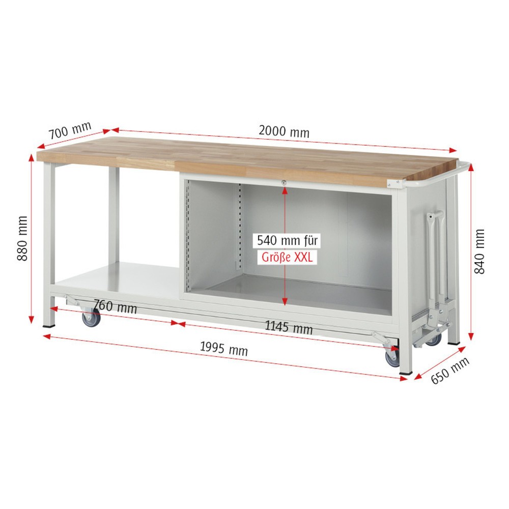 Produktabbildung Nr. 6: RAU Werkbank Serie 8000 mit absenkbarem Fahrgestell, 1 Container, 1 Ablageboden, HxBxT 880 x 2.000 x 700 mm, 4 x 100%-Auszug-Schubladen, Breite 1.055 mm