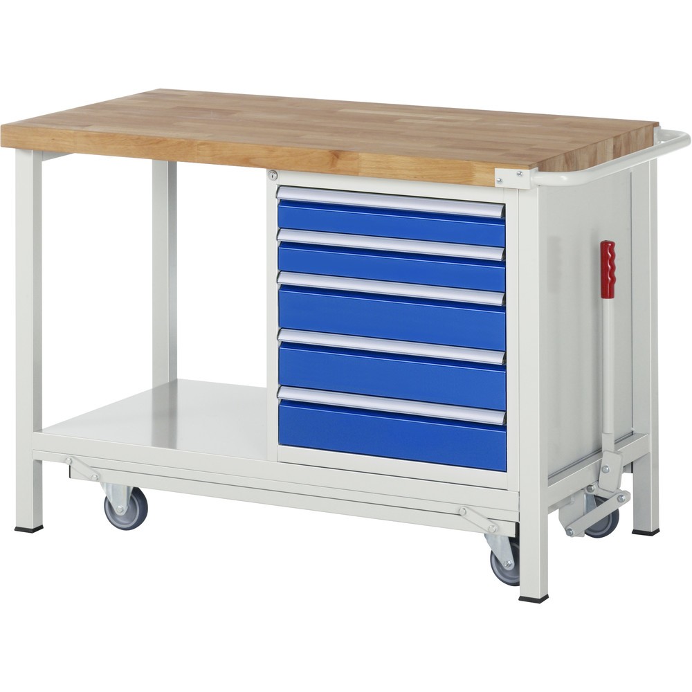 Produktabbildung: RAU Werkbank Serie 8000 mit absenkbarem Fahrgestell, 1 Container, 1 Ablageboden, HxBxT 880 x 1.250 x 700 mm, 5 x 90%-Auszug-Schubladen, Breite 490 mm