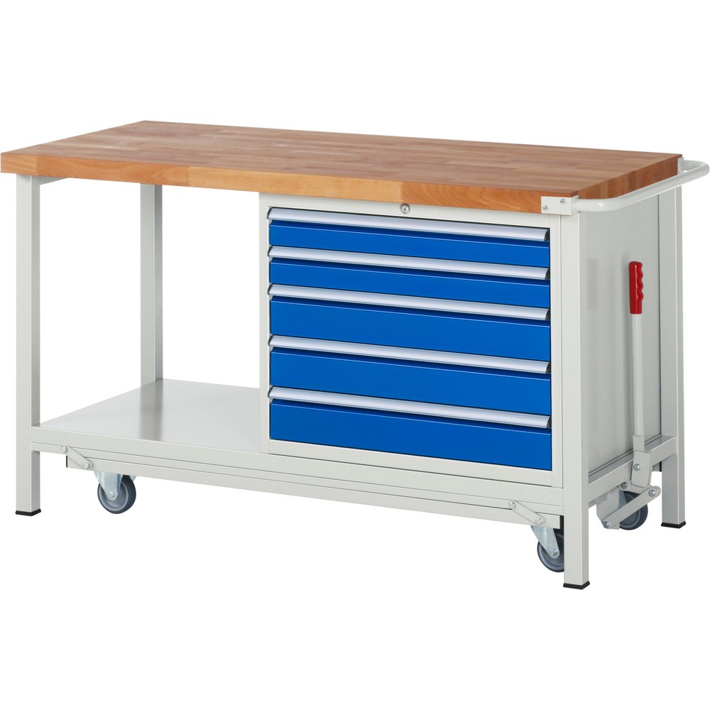 Produktabbildung: RAU Werkbank Serie 8000 mit absenkbarem Fahrgestell, 1 Container, 1 Ablageboden, HxBxT 880 x 1.500 x 700 mm, 5 x 90%-Auszug-Schubladen, Breite 680 mm
