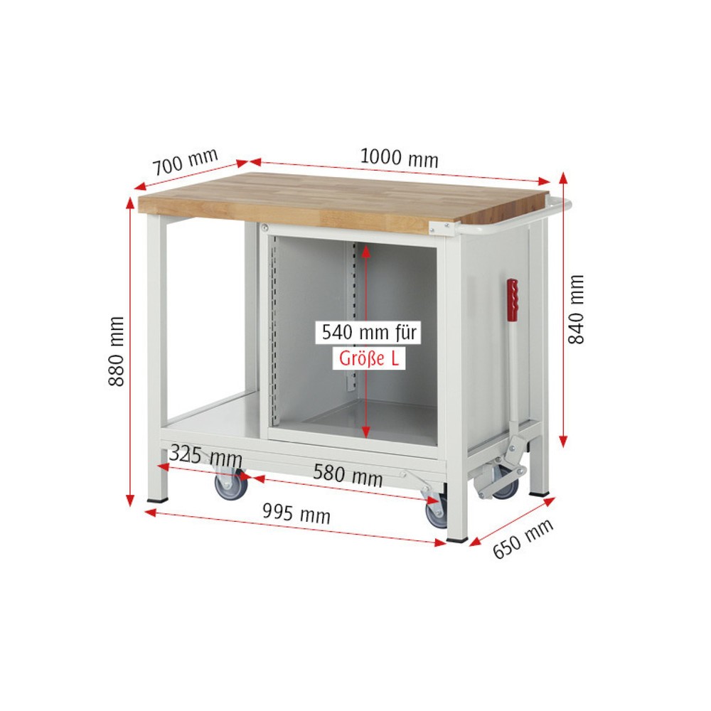 Produktabbildung Nr. 6: RAU Werkbank Serie 8000 mit absenkbarem Fahrgestell, 1 Container, 1 Ablageboden, HxBxT 880 x 1.000 x 700 mm, 5 x 100%-Auszug-Schubladen, Breite 490 mm