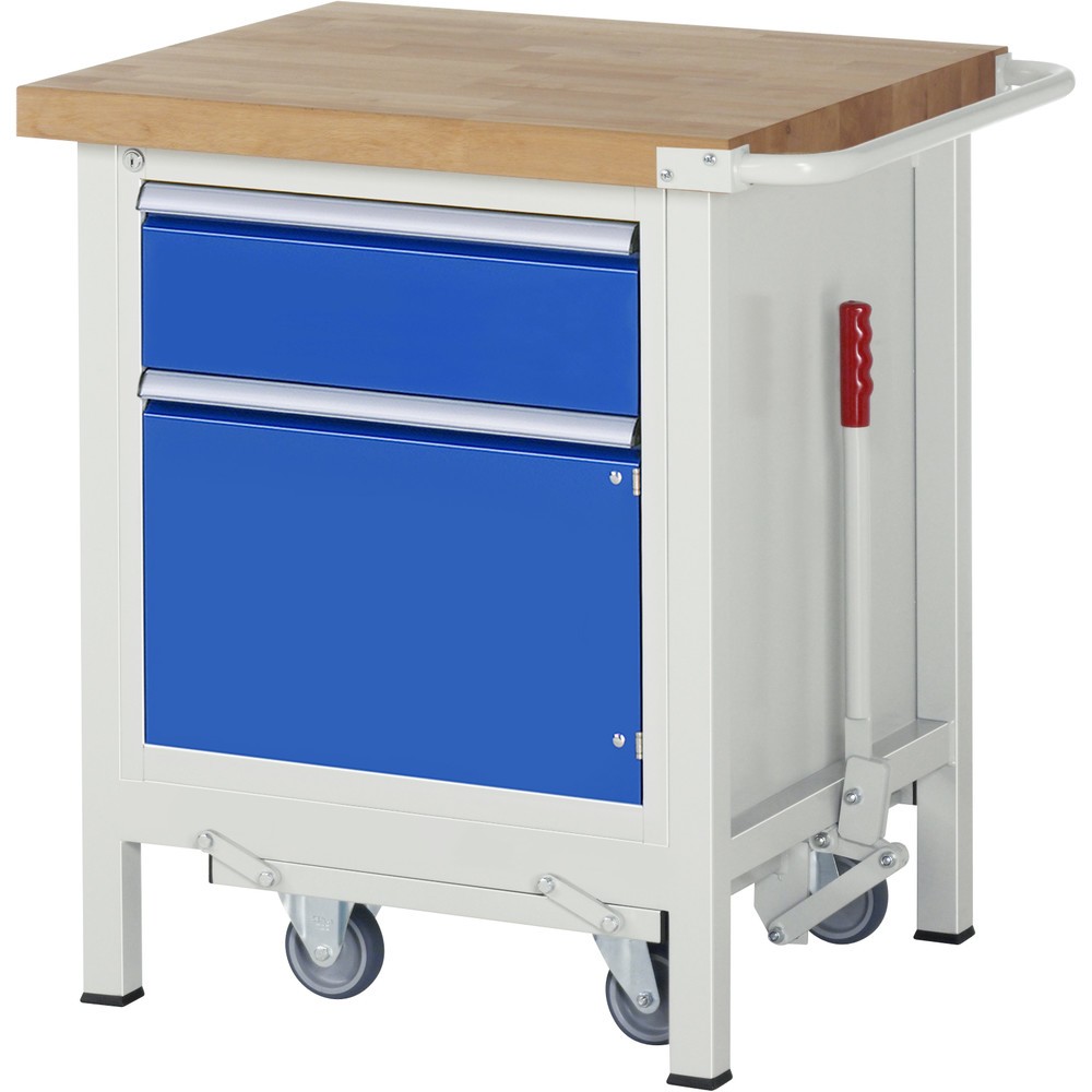 Produktabbildung: RAU Werkbank Serie 8000 mit absenkbarem Fahrgestell, 1 Container, HxBxT 880 x 750 x 700 mm, 1 x 100%-Auszug-Schubladen, 1 Flügeltür