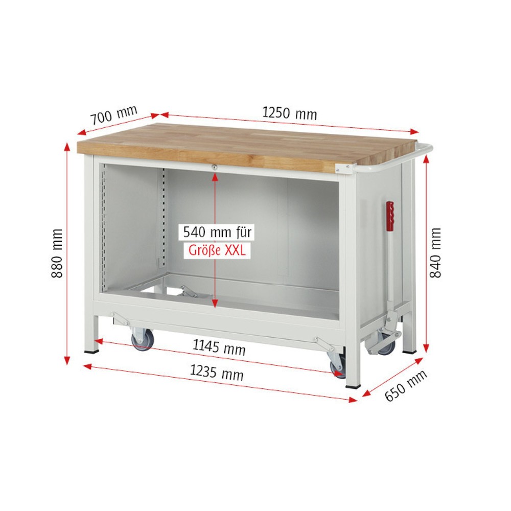 Produktabbildung Nr. 6: RAU Werkbank Serie 8000 mit absenkbarem Fahrgestell, 1 Container, HxBxT 880 x 1.250 x 700 mm, 2 x 90%-Auszug-Schubladen, Breite 1.055 mm