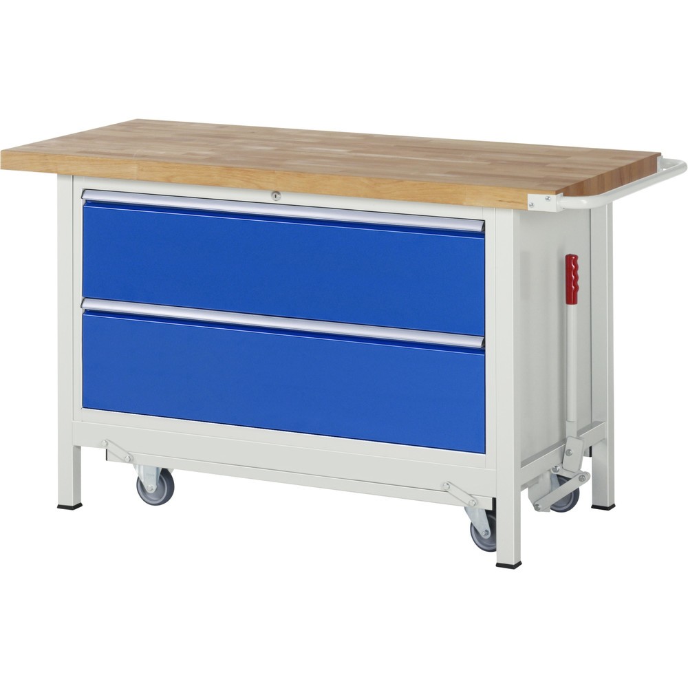 Produktabbildung Nr. 1: RAU Werkbank Serie 8000 mit absenkbarem Fahrgestell, 1 Container, HxBxT 880 x 1.500 x 700 mm, 2 x 90%-Auszug-Schubladen, Breite 1.055 mm