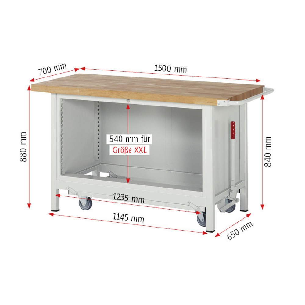 Produktabbildung Nr. 6: RAU Werkbank Serie 8000 mit absenkbarem Fahrgestell, 1 Container, HxBxT 880 x 1.500 x 700 mm, 2 x 90%-Auszug-Schubladen, Breite 1.055 mm