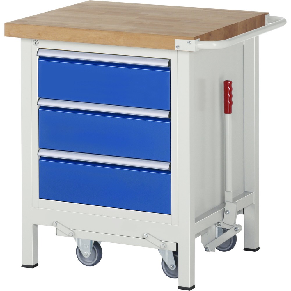 Produktabbildung Nr. 1: RAU Werkbank Serie 8000 mit absenkbarem Fahrgestell, 1 Container, HxBxT 880 x 750 x 700 mm, 3 x 90%-Auszug-Schubladen, Breite 490 mm, ErgoScript