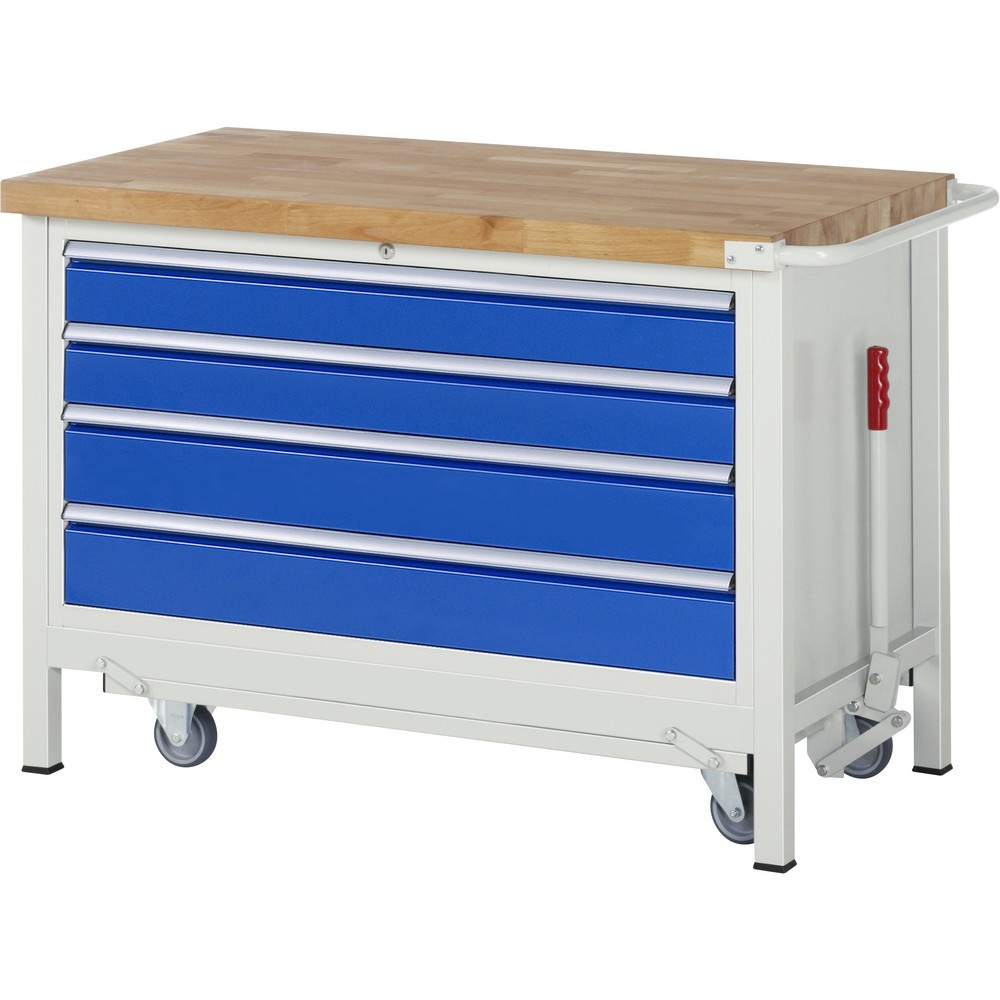 Produktabbildung: RAU Werkbank Serie 8000 mit absenkbarem Fahrgestell, 1 Container, HxBxT 880 x 1.250 x 700 mm, 4 x 90%-Auszug-Schubladen, Breite 1.055 mm