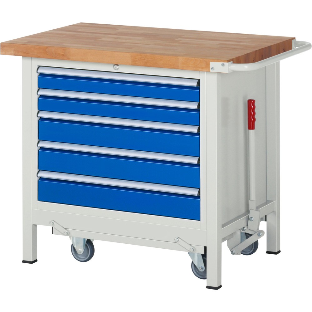 Produktabbildung: RAU Werkbank Serie 8000 mit absenkbarem Fahrgestell, 1 Container, HxBxT 880 x 1.000 x 700 mm, 5 x 90%-Auszug-Schubladen, Breite 680 mm