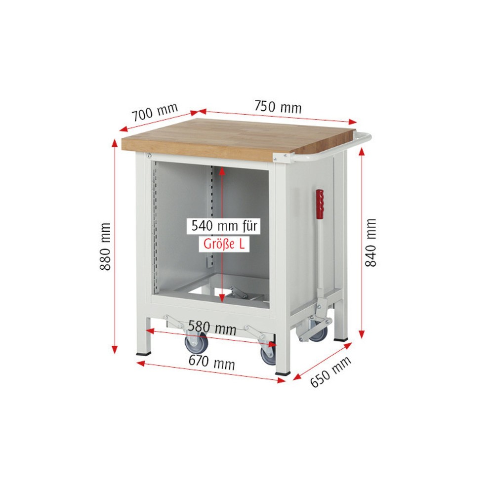 Produktabbildung Nr. 8: RAU Werkbank Serie 8000 mit absenkbarem Fahrgestell, 1 Container, HxBxT 880 x 750 x 700 mm, 1 x 100%-Auszug-Schubladen, 1 Flügeltür