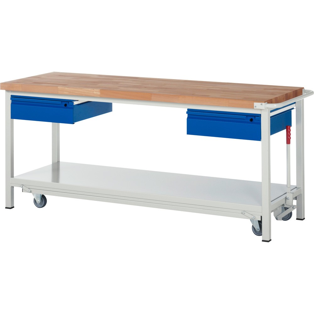 Produktabbildung Nr. 1: RAU Werkbank Serie 8000 mit absenkbarem Fahrgestell, 2 Schubladen, 1 Ablageboden, HxBxT 880 x 2.000 x 700 mm, 2 Schubladen