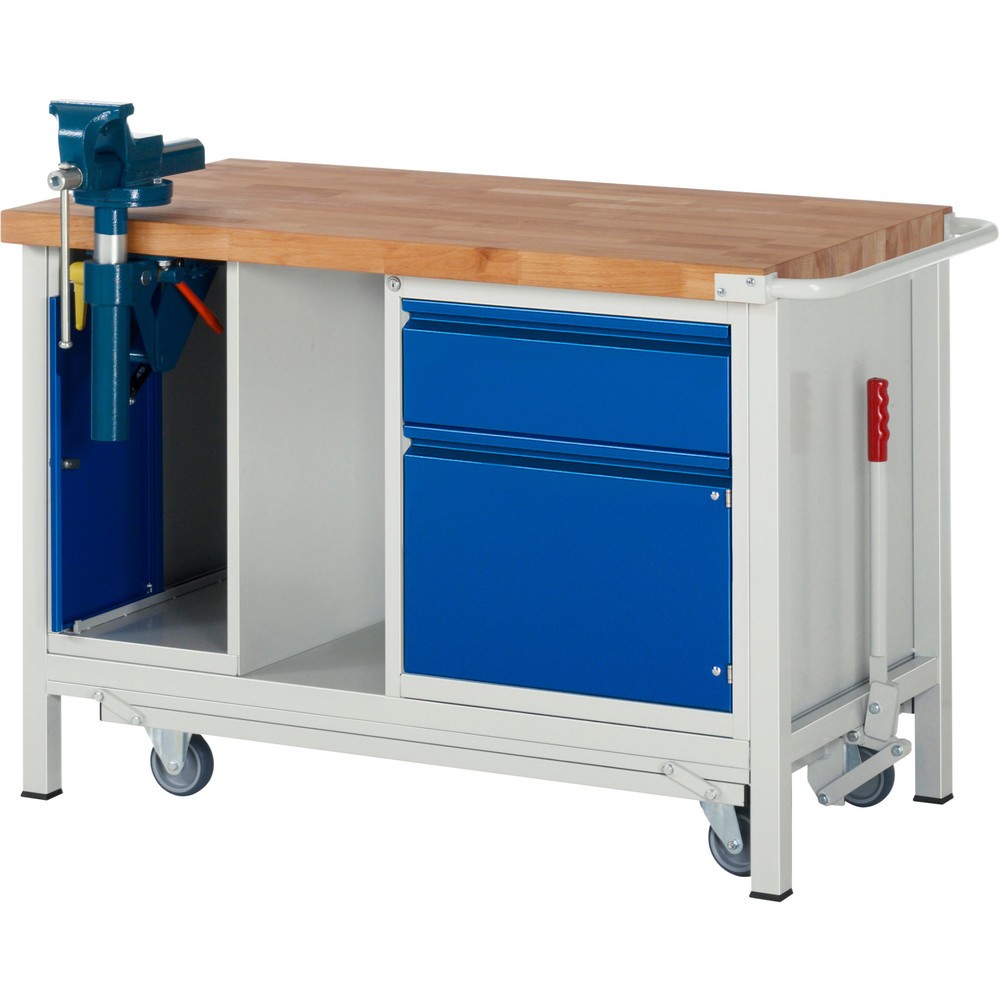 Produktabbildung Nr. 1: RAU Werkbank Serie 8000 mit absenkbarem Fahrgestell, 2 Container, 1 Ablageboden, HxBxT 880 x 1.250 x 700 mm, 1 x 90%-Auszug-Schubladen, 1 Flügeltür, Schraubstock, Griffleiste