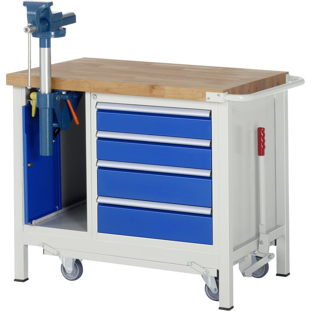 Produktabbildung Nr. 6: RAU Werkbank Serie 8000 mit absenkbarem Fahrgestell, 2 Container, 1 Ablageboden, HxBxT 880 x 1.500 x 700 mm, 5 x 90%-Auszug-Schubladen