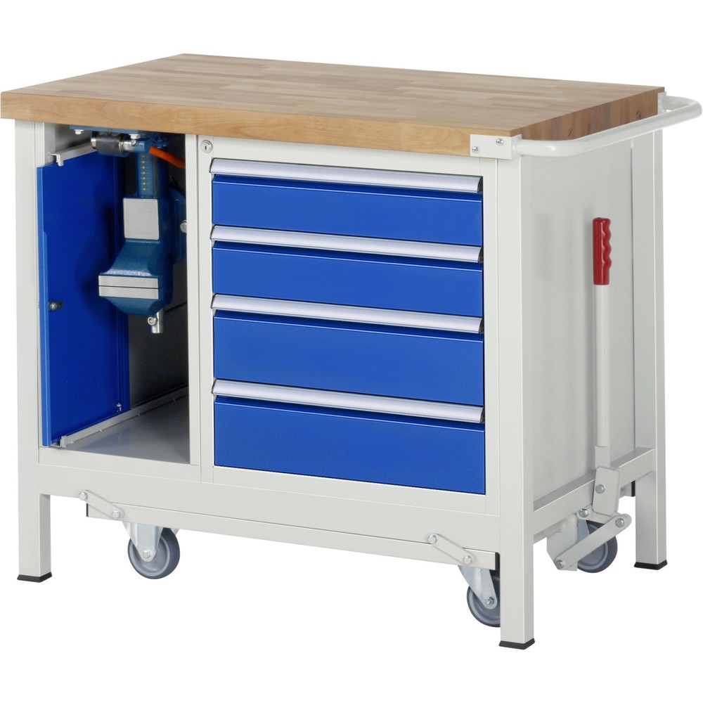 Produktabbildung Nr. 7: RAU Werkbank Serie 8000 mit absenkbarem Fahrgestell, 2 Container, 1 Ablageboden, HxBxT 880 x 1.500 x 700 mm, 5 x 90%-Auszug-Schubladen
