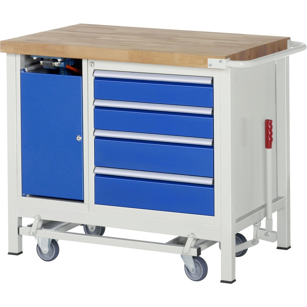 Produktabbildung Nr. 9: RAU Werkbank Serie 8000 mit absenkbarem Fahrgestell, 2 Container, 1 Ablageboden, HxBxT 880 x 1.500 x 700 mm, 5 x 90%-Auszug-Schubladen