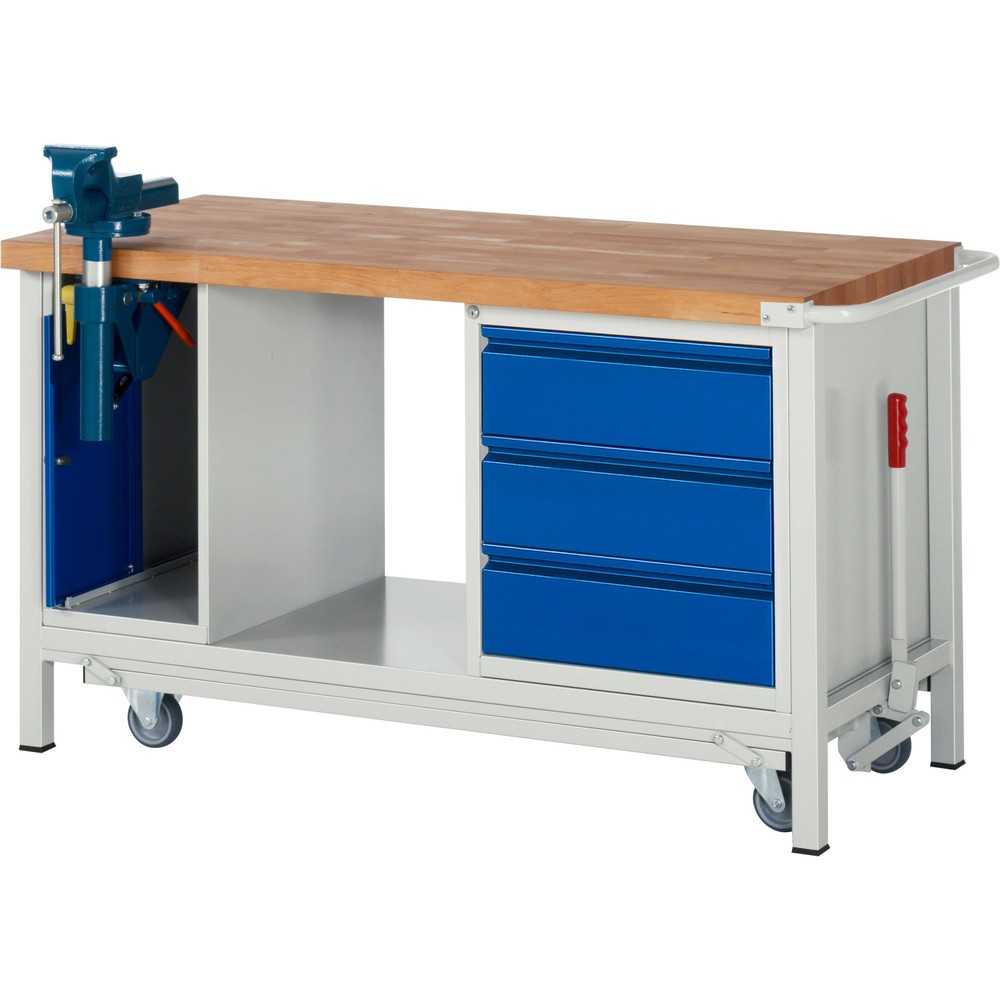 Produktabbildung: RAU Werkbank Serie 8000 mit absenkbarem Fahrgestell, 2 Container, 1 Ablageboden, HxBxT 880 x 1.500 x 700 mm, 3 x 90%-Auszug-Schubladen, integrierte Griffleiste