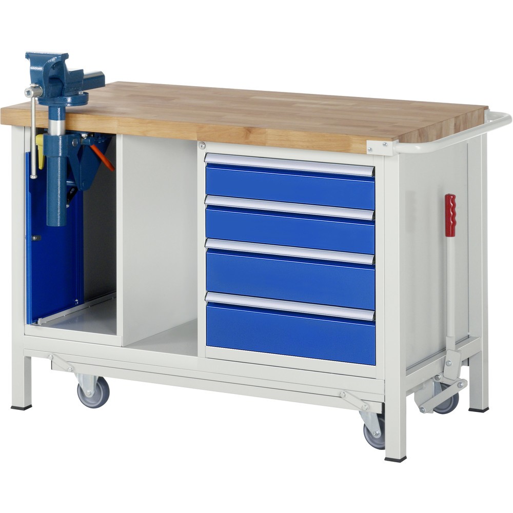 Produktabbildung: RAU Werkbank Serie 8000 mit absenkbarem Fahrgestell, 2 Container, 1 Ablageboden, HxBxT 880 x 1.250 x 700 mm, 4 x 90% Auszugs-Schubladen, Schraubstock