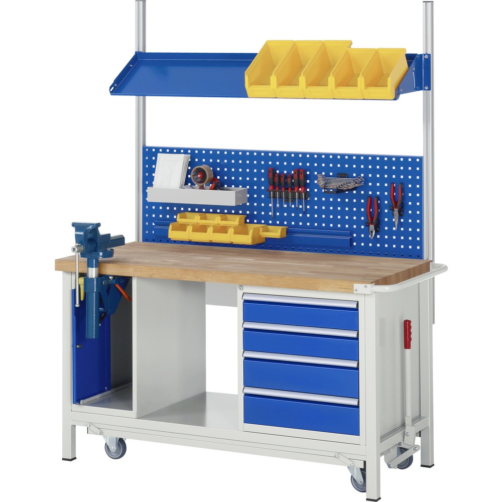 Produktabbildung Nr. 10: RAU Werkbank Serie 8000 mit absenkbarem Fahrgestell, 2 Container, 1 Ablageboden, HxBxT 880 x 1.500 x 700 mm, 5 x 90%-Auszug-Schubladen