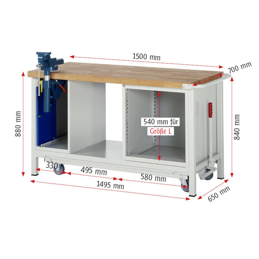Produktabbildung Nr. 11: RAU Werkbank Serie 8000 mit absenkbarem Fahrgestell, 2 Container, 1 Ablageboden, HxBxT 880 x 1.500 x 700 mm, 5 x 90%-Auszug-Schubladen