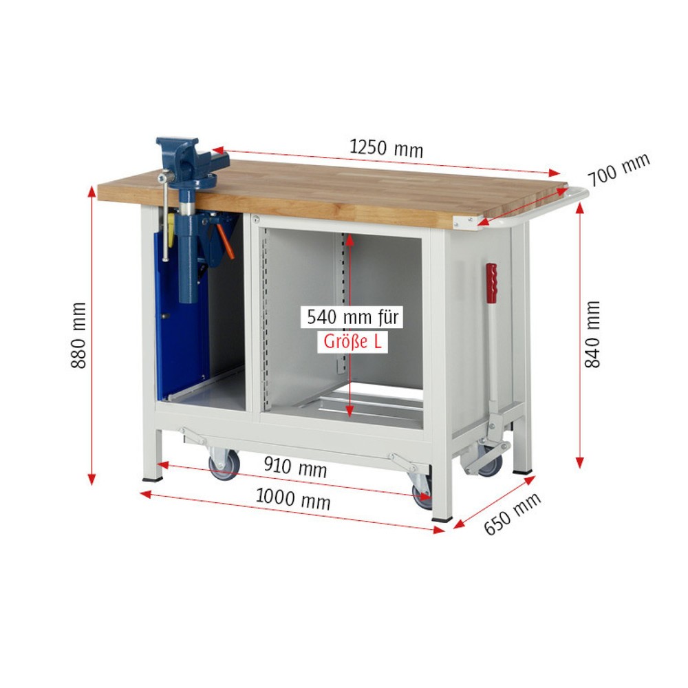 Produktabbildung Nr. 11: RAU Werkbank Serie 8000 mit absenkbarem Fahrgestell, 2 Container, HxBxT 880 x 1.250 x 700 mm, 3 x 90%-Auszug-Schubladen