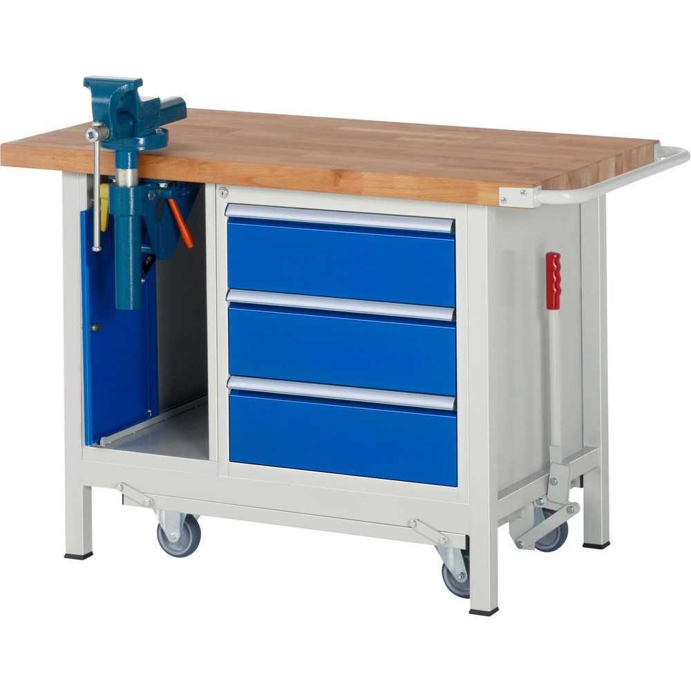 Produktabbildung: RAU Werkbank Serie 8000 mit absenkbarem Fahrgestell, 2 Container, HxBxT 880 x 1.250 x 700 mm, 3 x 90%-Auszug-Schubladen