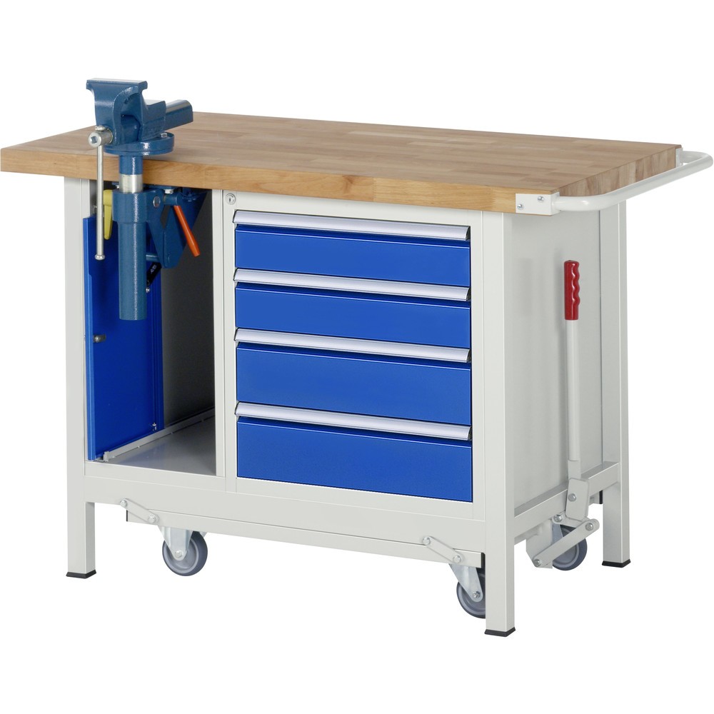Produktabbildung: RAU Werkbank Serie 8000 mit absenkbarem Fahrgestell, 2 Container, HxBxT 880 x 1.250 x 700 mm, 4 x 90% Auszugs-Schubladen, Schraubstock