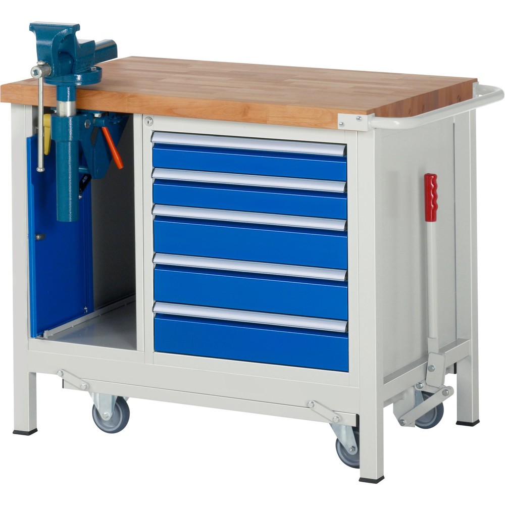 Produktabbildung: RAU Werkbank Serie 8000 mit absenkbarem Fahrgestell, 2 Container, HxBxT 880 x 1.000 x 700 mm, 5 Schubladen, Schraubstock