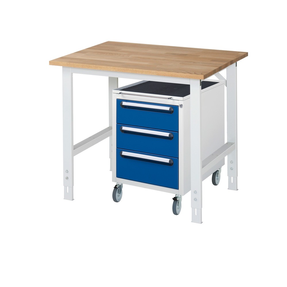 Produktabbildung Nr. 1: RAU Werkstatt-Set TOM 2-teilig, mit Werktisch, HxBxT 760-1.080 x 1.000 x 800 mm, Arbeitsplatte Buche-Massiv, zzgl. Roll-Container mit 3 Schubladen, HxBxT 690 x 480 x 600 mm