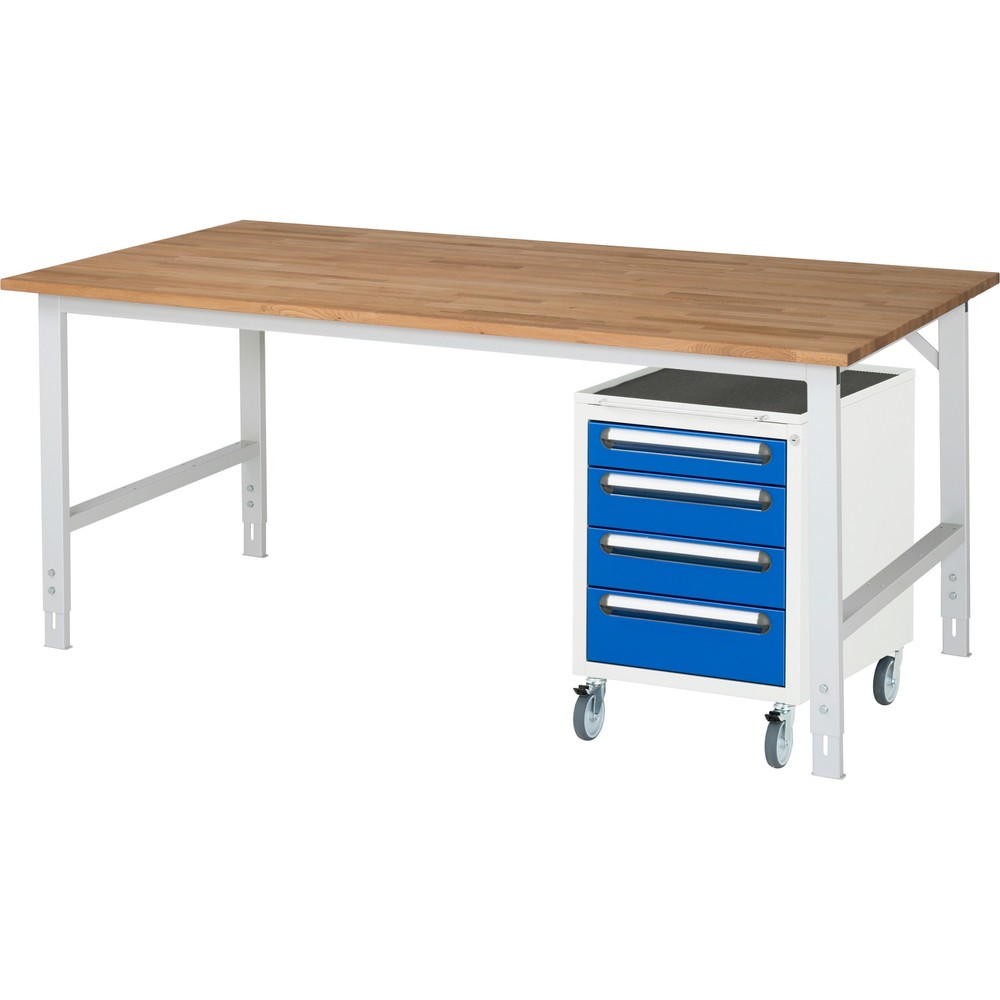 Produktabbildung Nr. 1: RAU Werkstatt-Set TOM 2-teilig, mit Werktisch, HxBxT 760-1.080 x 2.500 x 1.000 mm, Arbeitsplatte Buche-Massiv, zzgl. Roll-Container mit 3 Schubladen, HxBxT 690 x 480 x 600 mm
