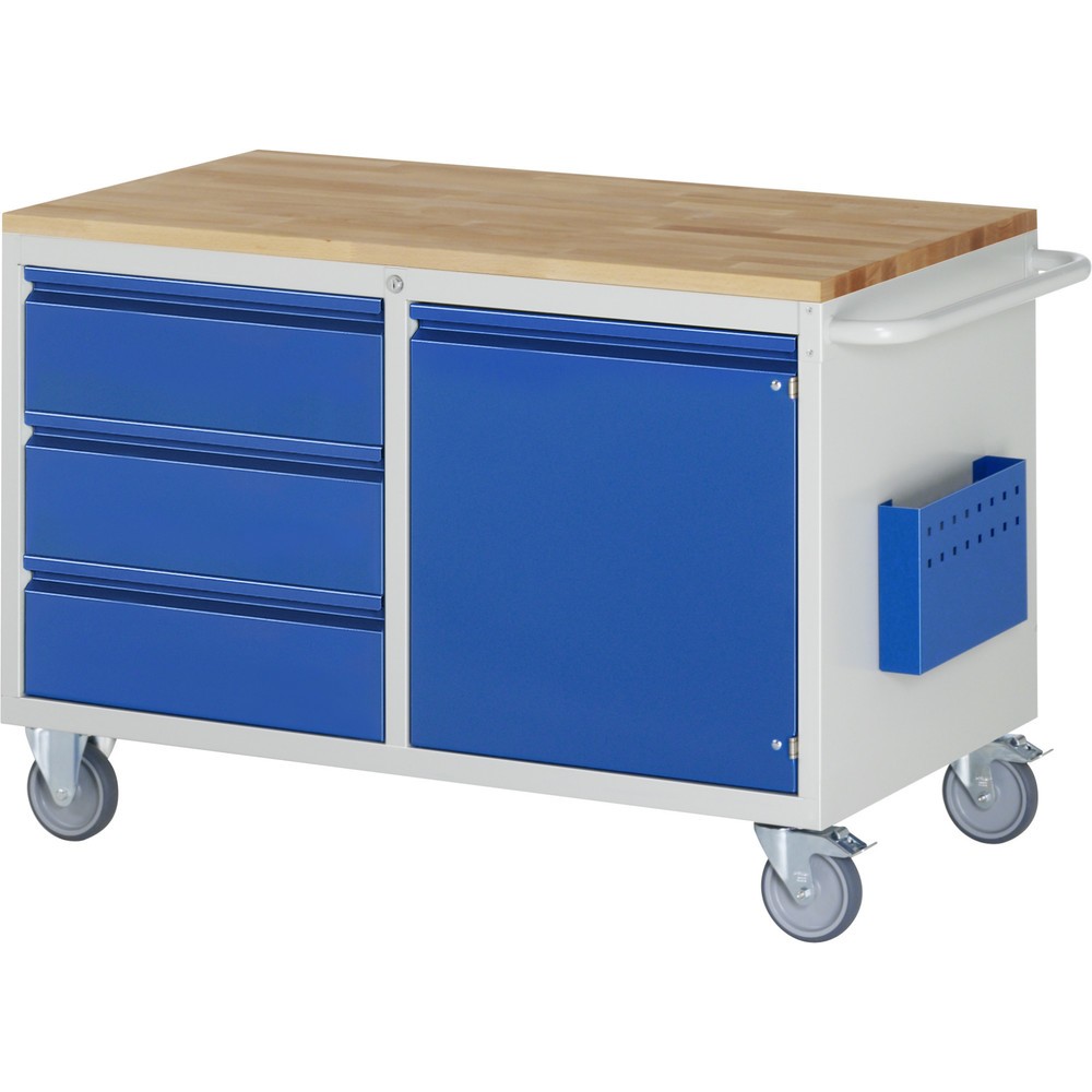 Produktabbildung Nr. 1: RAU Werkstattwagen Serie 7000, HxBxT 795 x 1.145 x 650 mm, 1 Flügeltür, 3 x 90%-Auszug-Schubladen Teilauszug, Arbeitsplatte Buche, Griffleiste