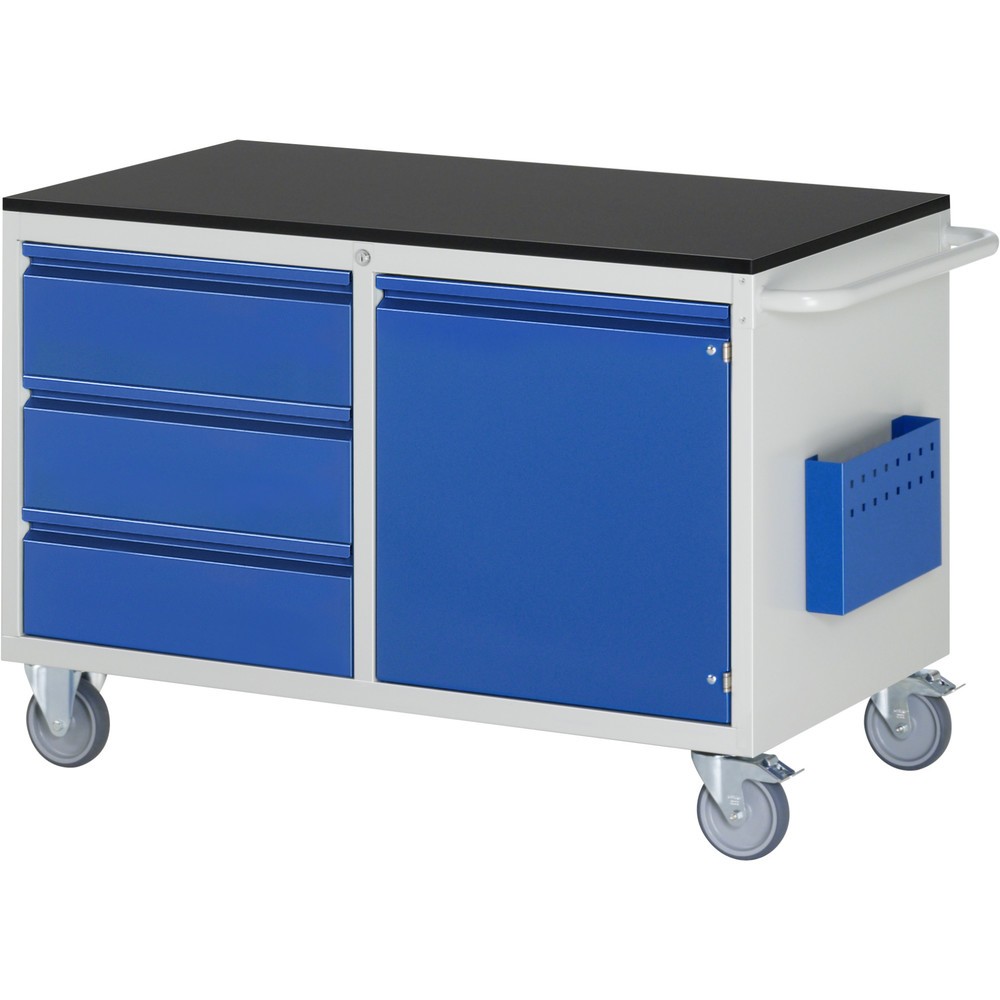 Produktabbildung: RAU Werkstattwagen Serie 7000, HxBxT 795 x 1.145 x 650 mm, 1 Flügeltür, 3 x 90%-Auszug-Schubladen Teilauszug, Arbeitsplatte Melamin, Griffleiste