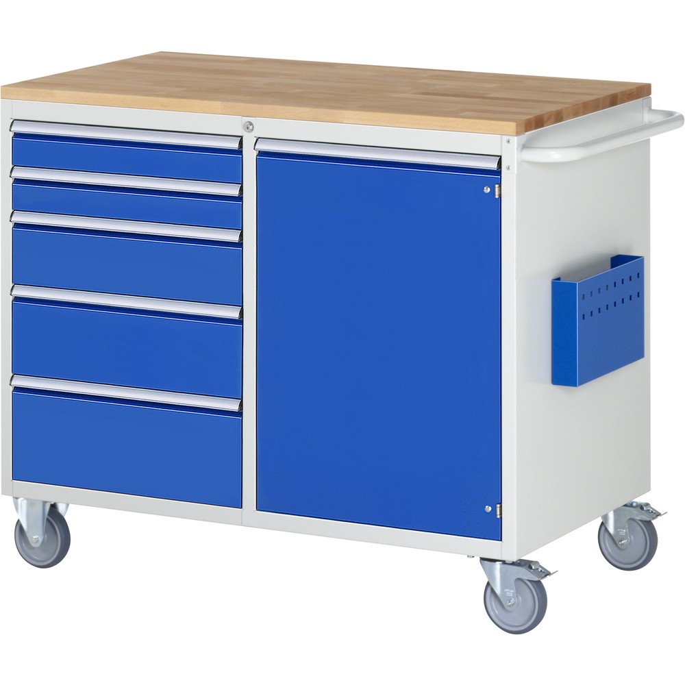 Produktabbildung: RAU Werkstattwagen Serie 7000, HxBxT 975 x 1.145 x 650 mm, 1 Flügeltür, 5 x 90%-Auszug-Schubladen 2 x 90, 1 x 150, 1 x 180, 1 x 210 mm, Arbeitsplatte Buche