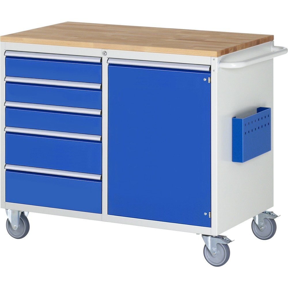 Produktabbildung Nr. 1: RAU Werkstattwagen Serie 7000, HxBxT 975 x 1.145 x 650 mm, 1 Flügeltür, 5 x 100%-Auszug-Schubladen 3 x 120, 2 x 180 mm, Arbeitsplatte Buche