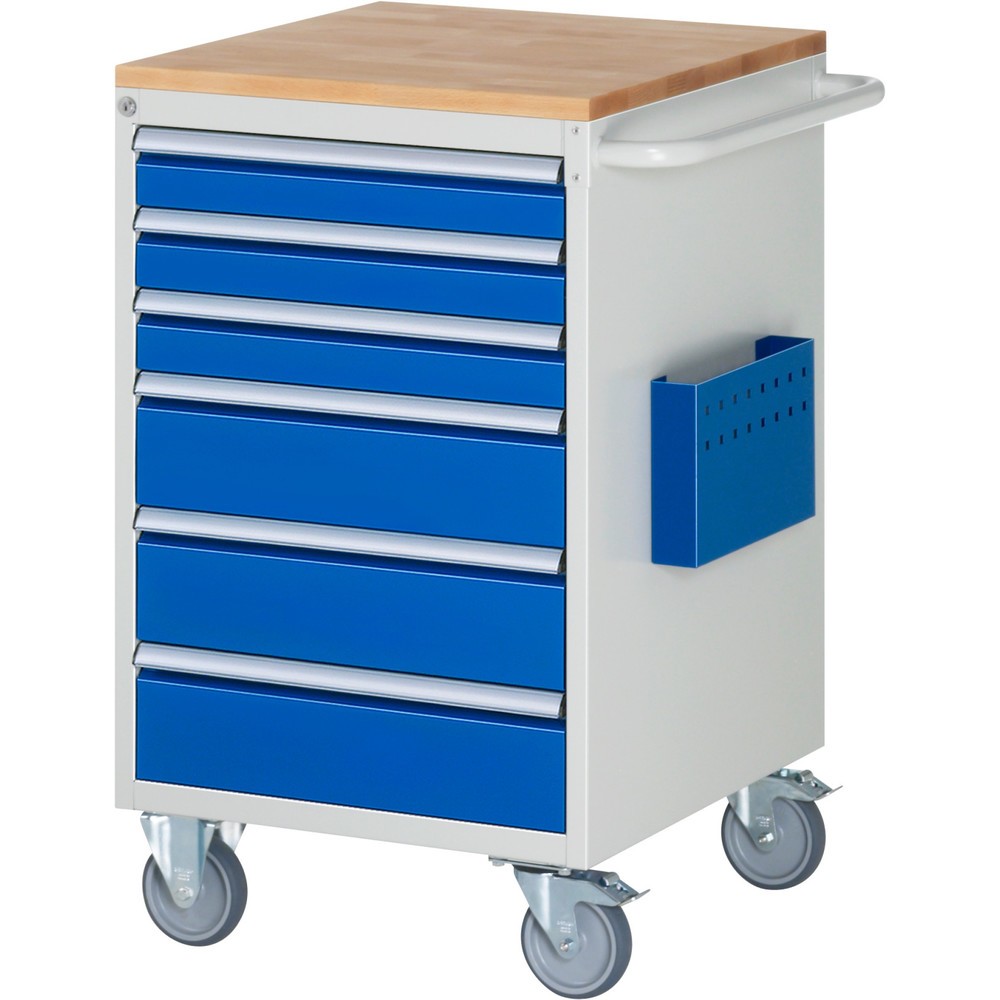 Produktabbildung: RAU Werkstattwagen Serie 7000, HxBxT 975 x 580 x 650 mm, 6 x 90%-Auszug-Schubladen 3 x 90, 3 x 150 mm, Arbeitsplatte Buche