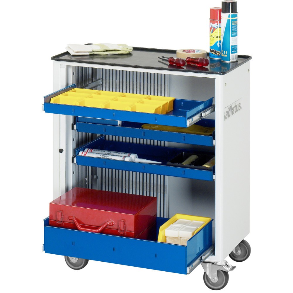 Produktabbildung: RAU Werkzeugwagen Serie adlatus 700, HxBxT 860 x 725 x 400 mm, 4 Schubladen ohne Einzelsicherung, 3 x 40, 1 x 105 mm, Arbeitsplatte Metall