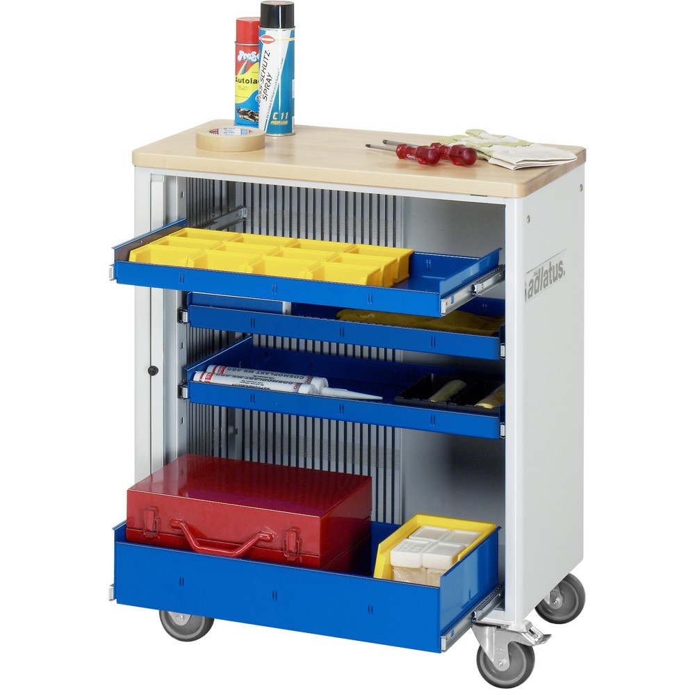 Produktabbildung: RAU Werkzeugwagen Serie adlatus 700, HxBxT 860 x 725 x 400 mm, 4 Schubladen ohne Einzelsicherung, 3 x 40, 1 x 105 mm, Arbeitsplatte Buche