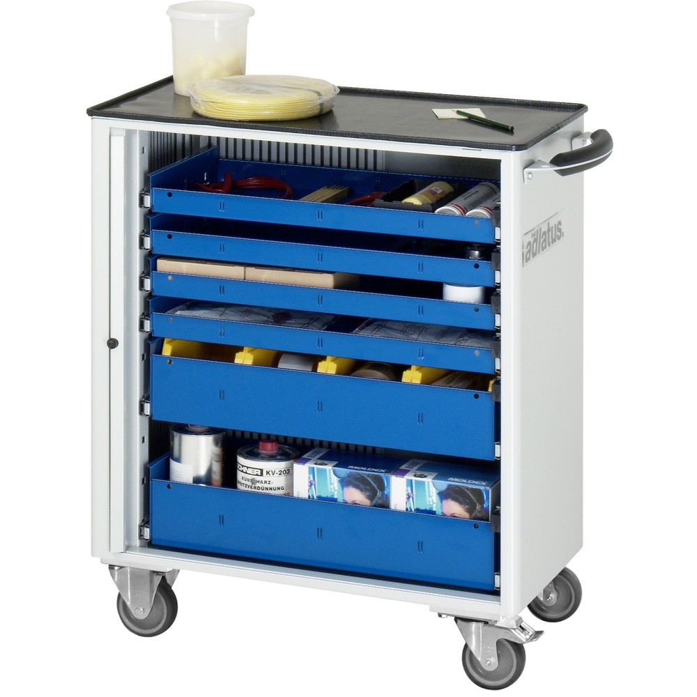 Produktabbildung: RAU Werkzeugwagen Serie adlatus 700, HxBxT 860 x 725 x 400 mm, 6 Schubladen mit Einzelsicherung, 4 x 40, 2 x 105 mm, Arbeitsplatte Metall