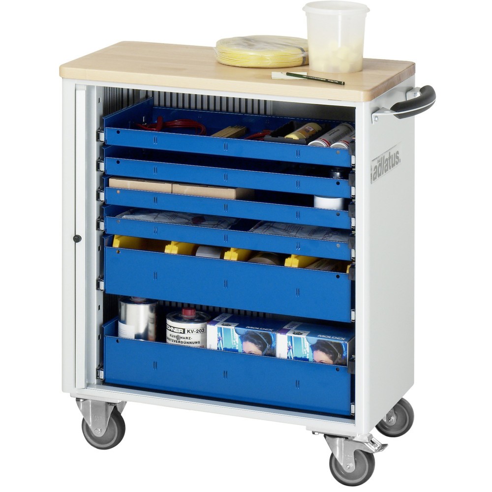 Produktabbildung: RAU Werkzeugwagen Serie adlatus 700, HxBxT 860 x 725 x 400 mm, 6 Schubladen mit Einzelsicherung, 4 x 40, 2 x 105 mm, Arbeitsplatte Buche