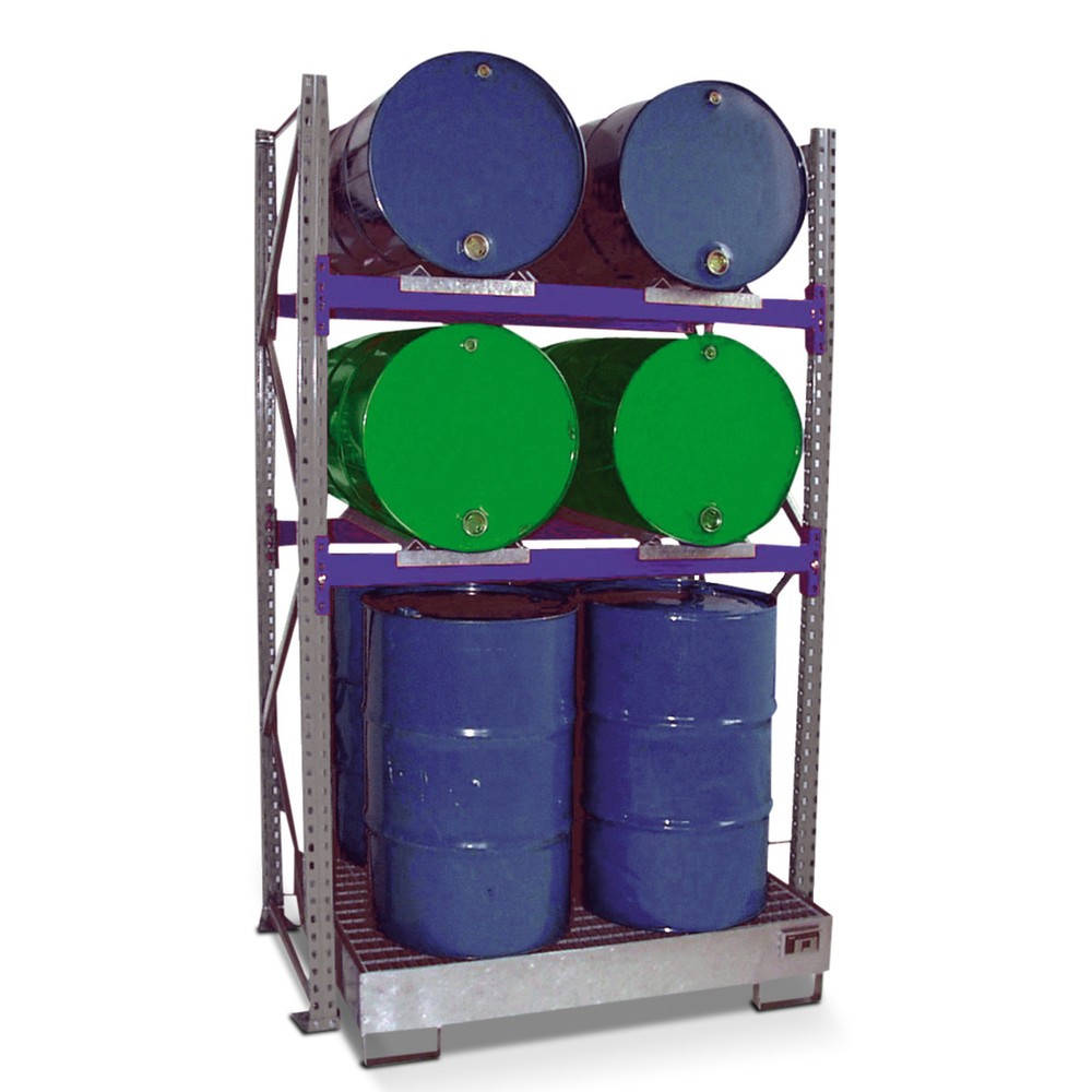 Illustration du produit: Rayonnage à fûts, bac de rétention compris, module de base, 2 niveaux, avec caillebotis grille 4 x 200 l couchés/4 x 200 l debout