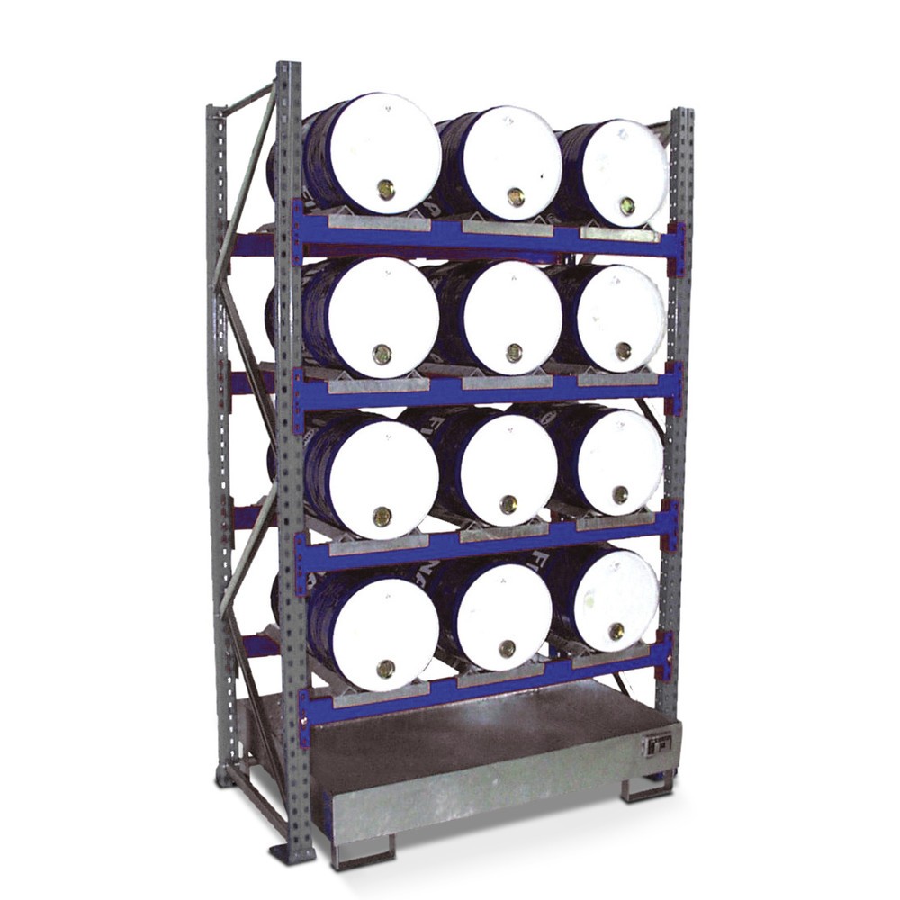 Illustration du produit: Rayonnage à fûts, bac de rétention compris, module de base, 4 niveaux, sans caillebotis grille 12 x 60 l couchés
