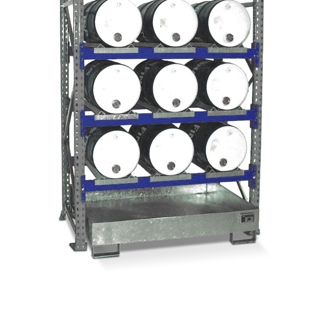 Illustration du produit: Rayonnage à fûts, bac de rétention compris, module de base, 3 niveaux, sans caillebotis grille 9 x 60 l couchés