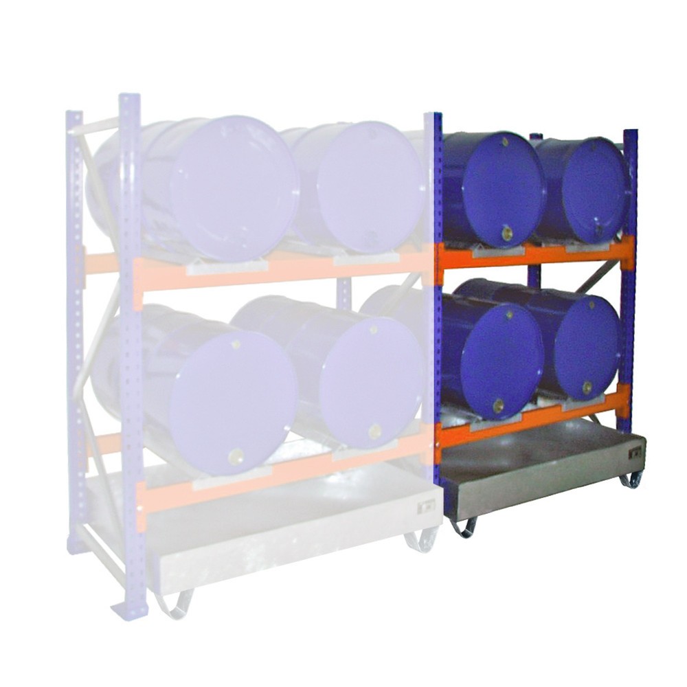Illustration du produit: Bauer® Rayonnage à fûts, bac de rétention compris, travée auxiliaire, 2 niveaux, sans caillebotis grille 4 x 200 l couchés