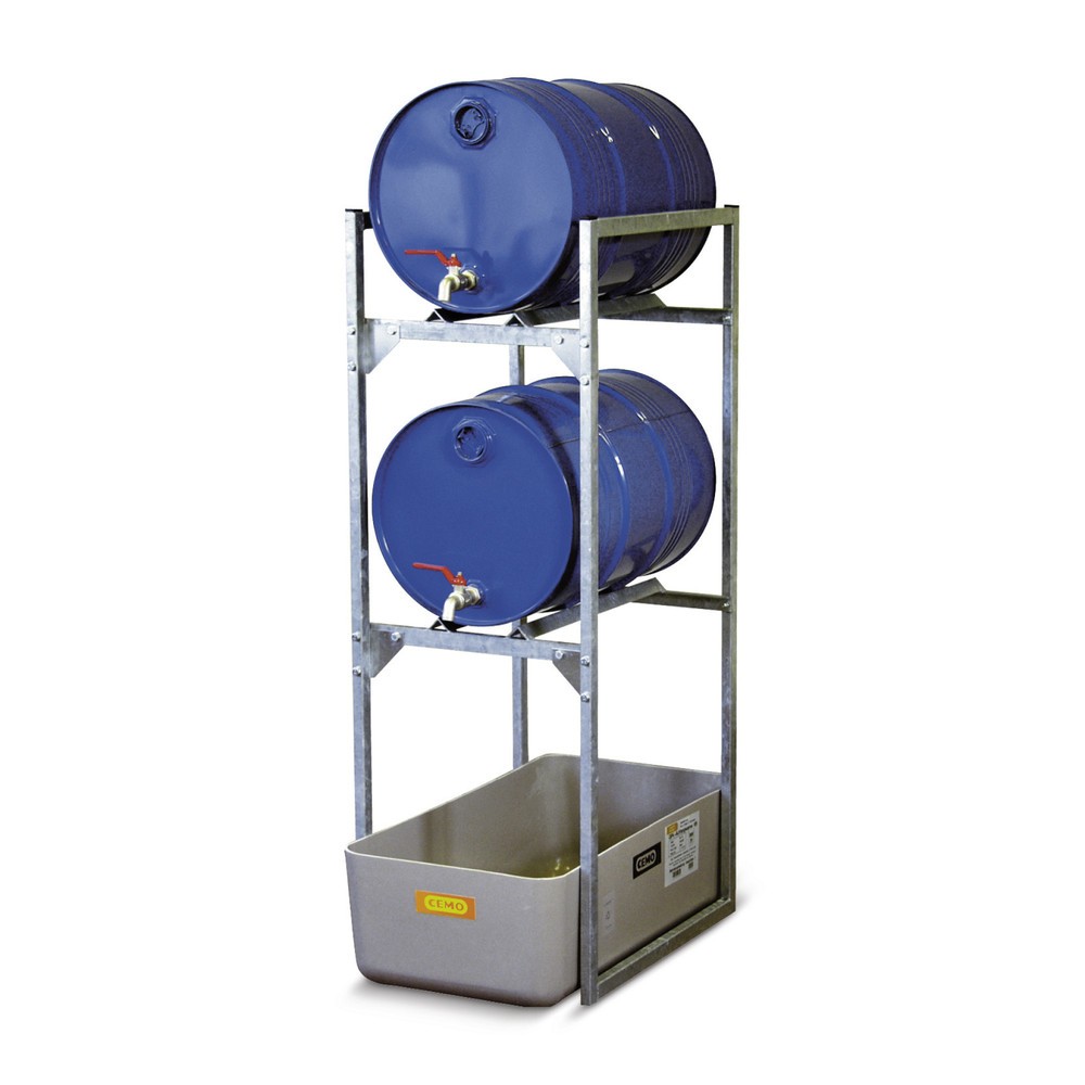 Illustration du produit: Rayonnage à fûts CEMO pour produits dangereux, bac collecteur en PRV, pour 1 fût de 60 l, 1 caillebotis