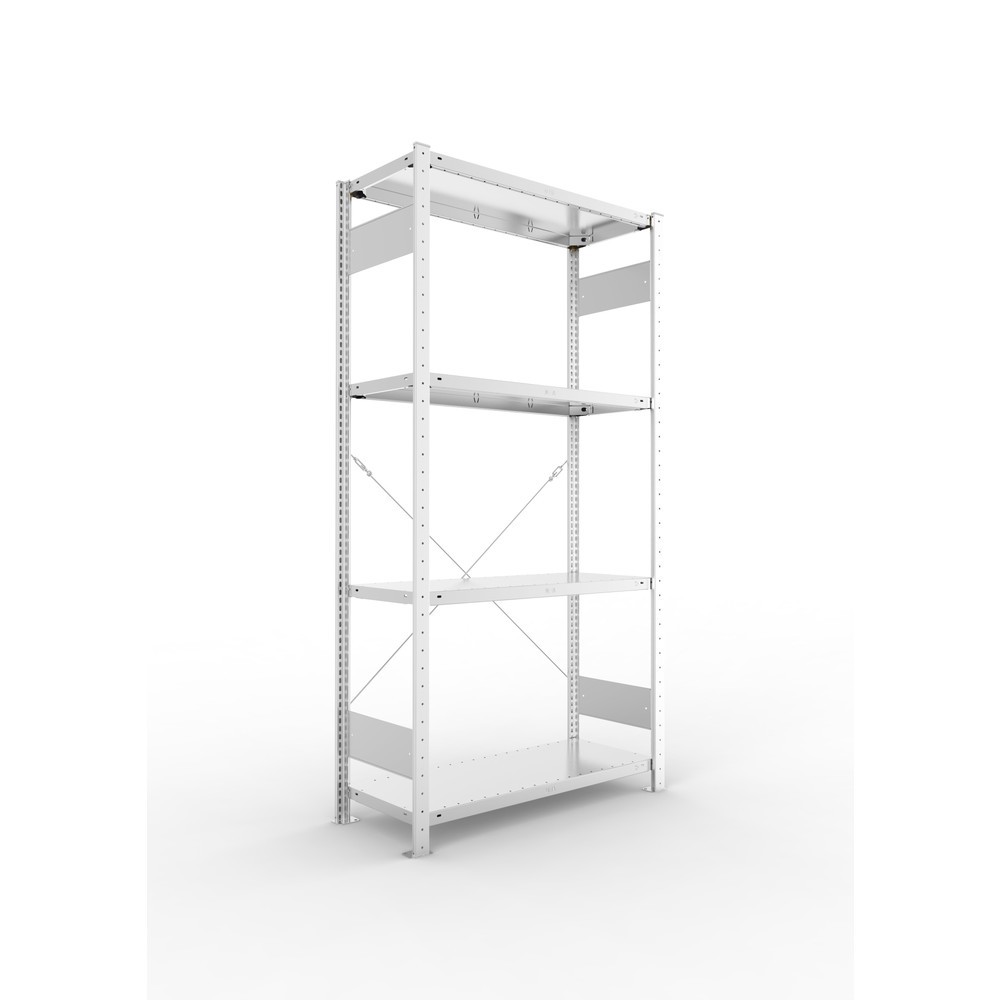 Illustration du produit: META Rayonnage à tablettes galvanisé avec 4 tablettes en tôle d’acier, charge par tablette 150 kg, HxlxP 2 000 x 1 056 x 436 mm