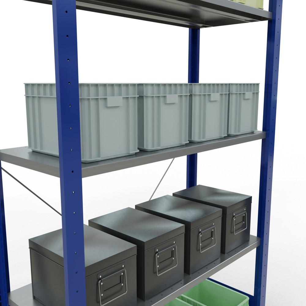 Produktabbildung Nr. 3: SCHULTE Rayonnage à tablettes, bleu gentiane / galvanisé, avec 5 tablettes en tôle d’acier, charge par tablette 150 kg, HxlxP 2 000 x 1 060 x 436 mm