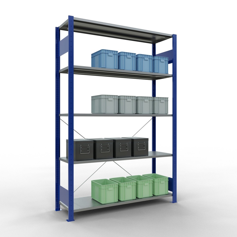 Produktabbildung Nr. 3: SCHULTE Rayonnage à tablettes, bleu gentiane / galvanisé, avec 5 tablettes en tôle d’acier, charge par tablette 150 kg, HxlxP 2 000 x 1 360 x 436 mm