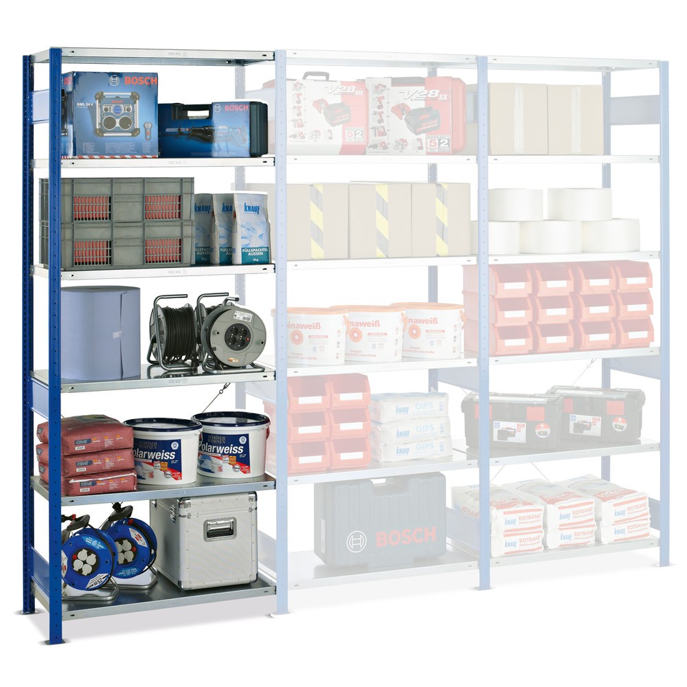 Illustration du produit: Rayonnage à tablettes SCHULTE, travée auxiliaire, bleu gentiane/galvanisé, CT 150 kg, HxlxP 2 000 x 750 x 600 mm
